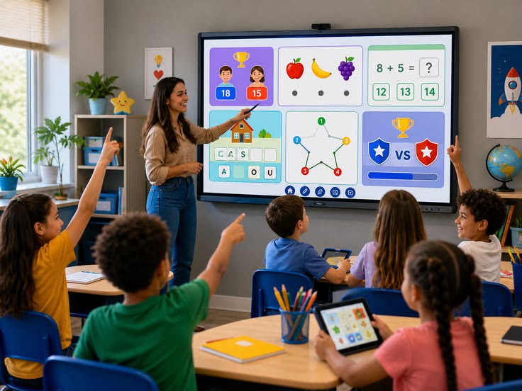 Sala de aula com lousa digital interativa Edugov em uso